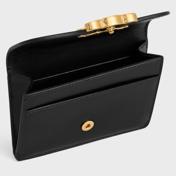 Celine Card Holder with Flap Triomphe in Black Shiny Calfskin and Gold - Picture 6 of 8